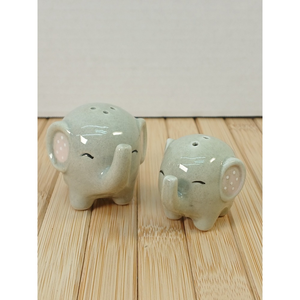 Sage Grey Ceramic Elephant Salt and Pepper Shakers Set Polka Dot Ears Figurines